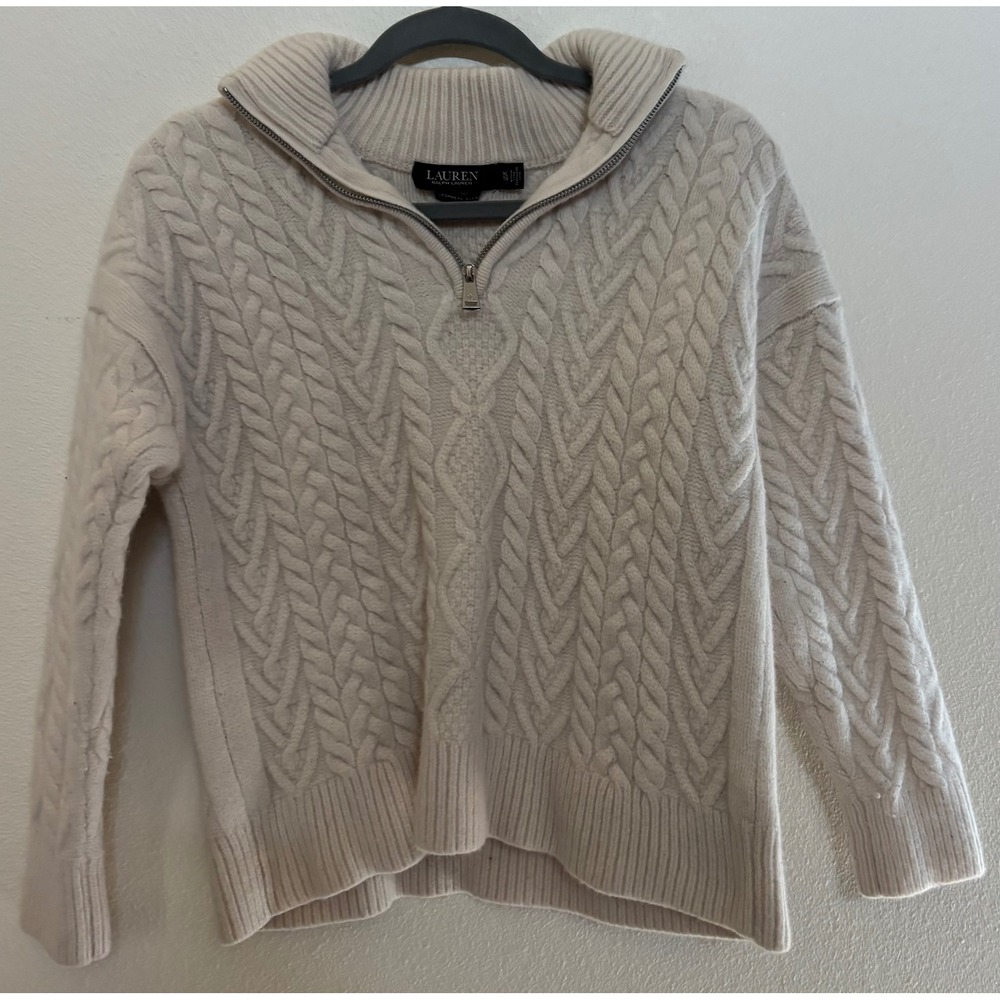 Lauren Ralph Lauren Cashmere Blend Cable Knit Quarter Zip Sweater Cream XL